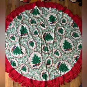 Red Fringe Holiday Table cloth round vintage 56 inches diameter Christmas tree